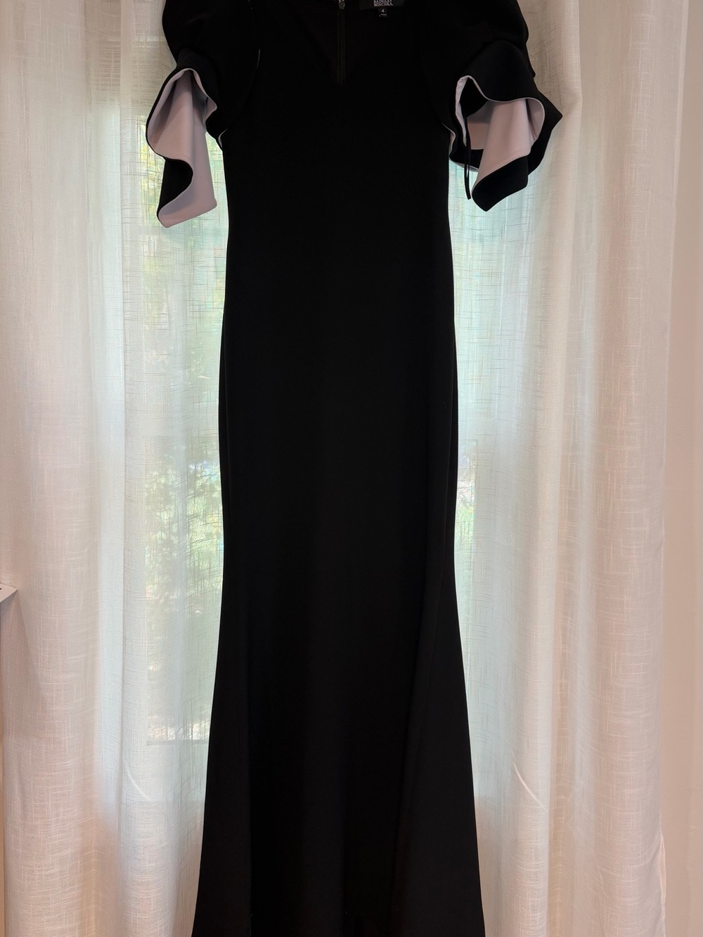 Badgley Mischka Black Maxi Gown with White-Trim Ruffle Sleeves